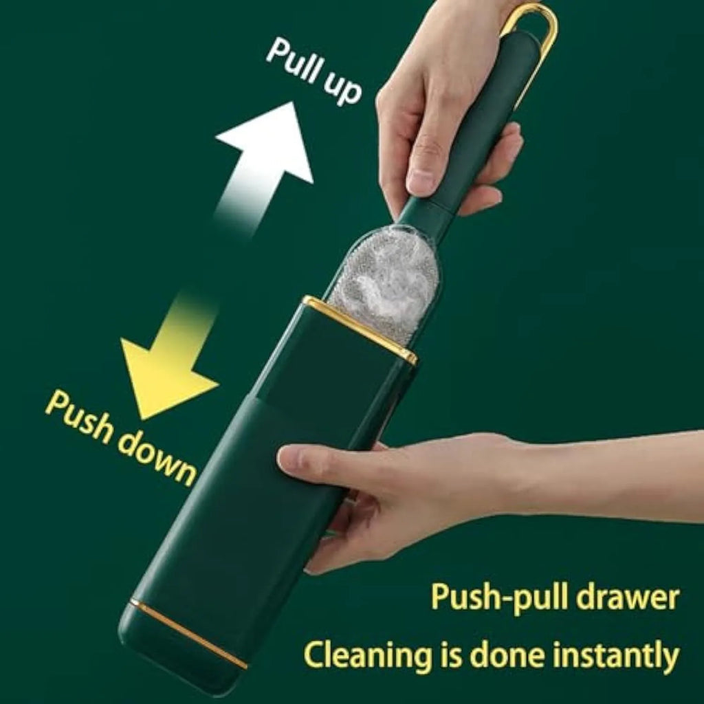 A reusable double-sided plush pet hair remover brush with a storage box base, shown in blue.