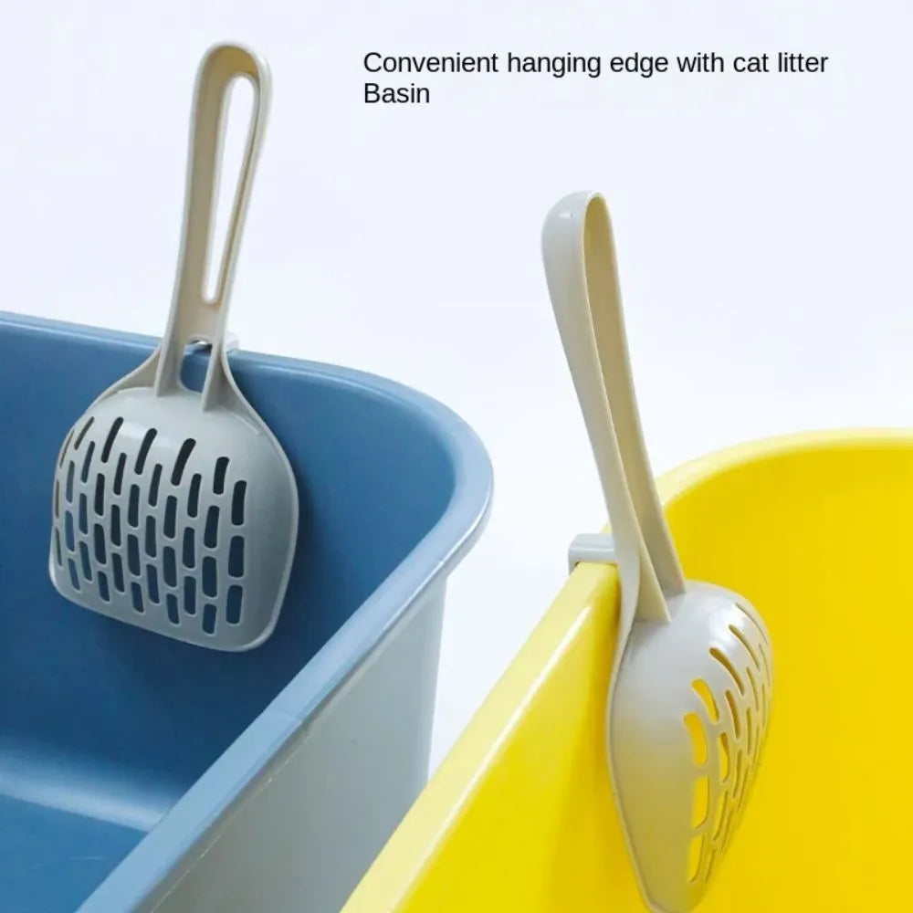 Grey plastic cat litter scoop with integrated base tray for waste containment during cleaning