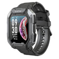 Men's black silicone strap smartwatch with 45mm case displaying health metrics on screen.