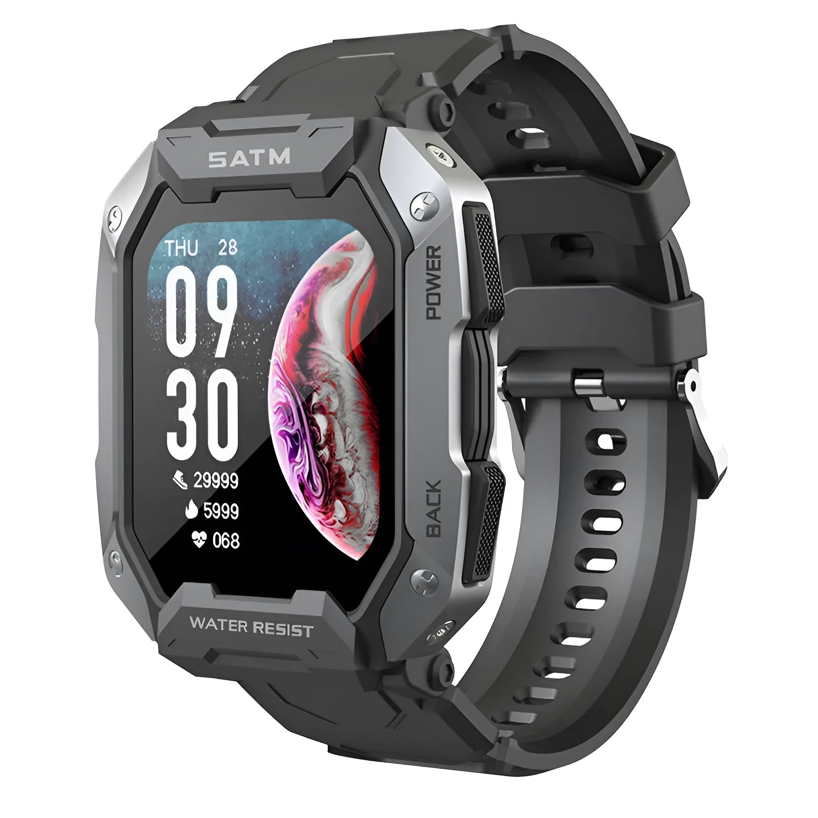 Men's black silicone strap smartwatch with 45mm case displaying health metrics on screen.
