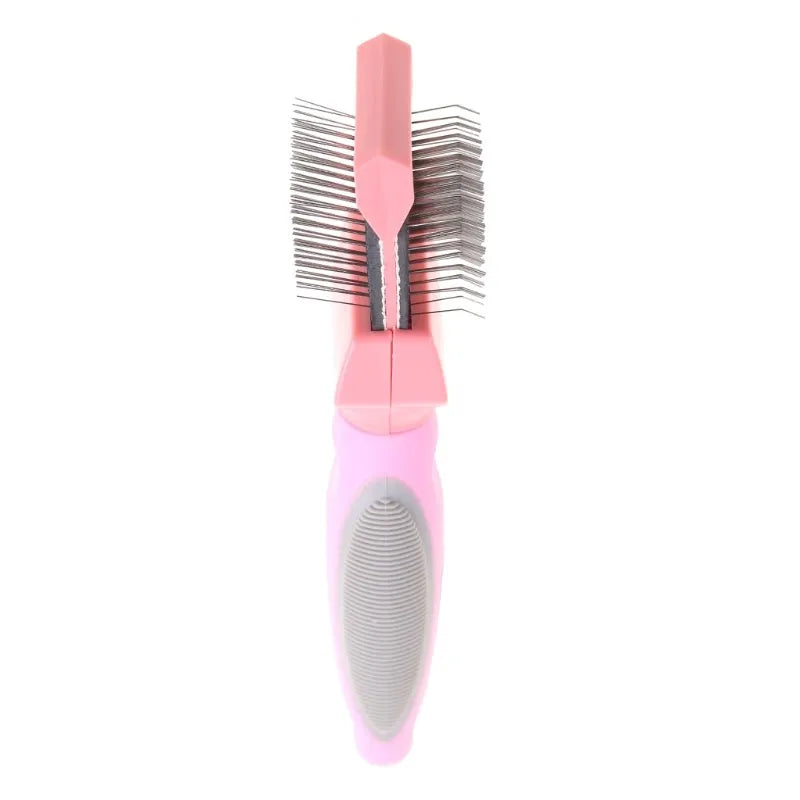 Blue double-sided pet brush with ergonomic handle shown next to pink version, displaying soft and firm stainless steel pin sides.