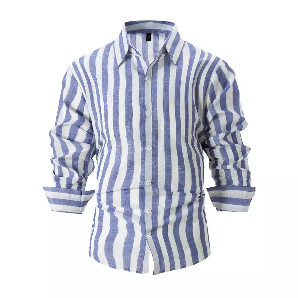 Men's loose fit striped long-sleeved cardigan shirt in light grey polyester fabric