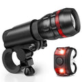 Bicycle front headlight and rear taillight set with universal mounting bracket on a bike.