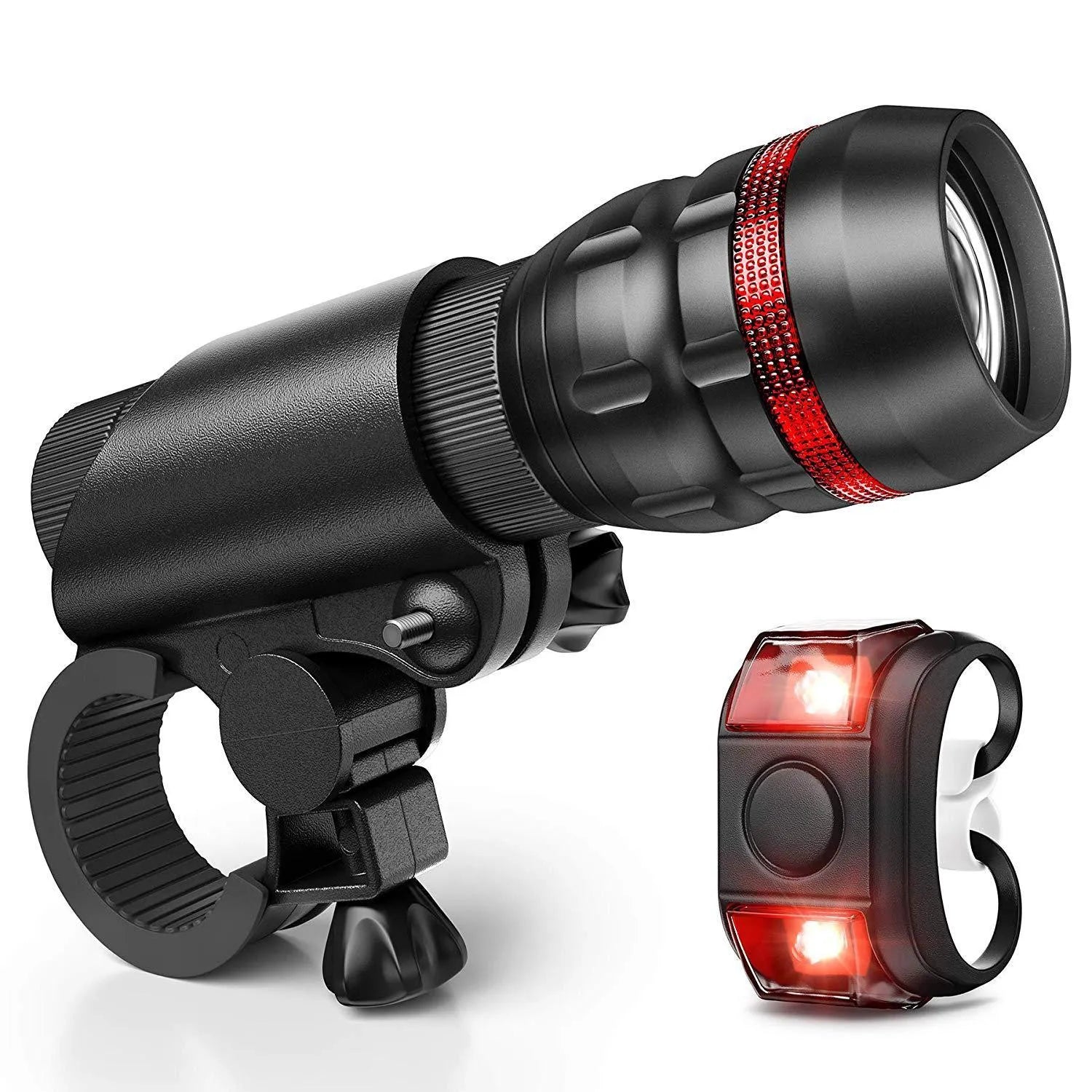 Bicycle front headlight and rear taillight set with universal mounting bracket on a bike.