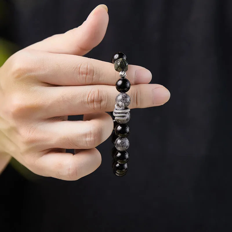 Men's S925 sterling silver snake bracelet with obsidian black crystal and retro zodiac design