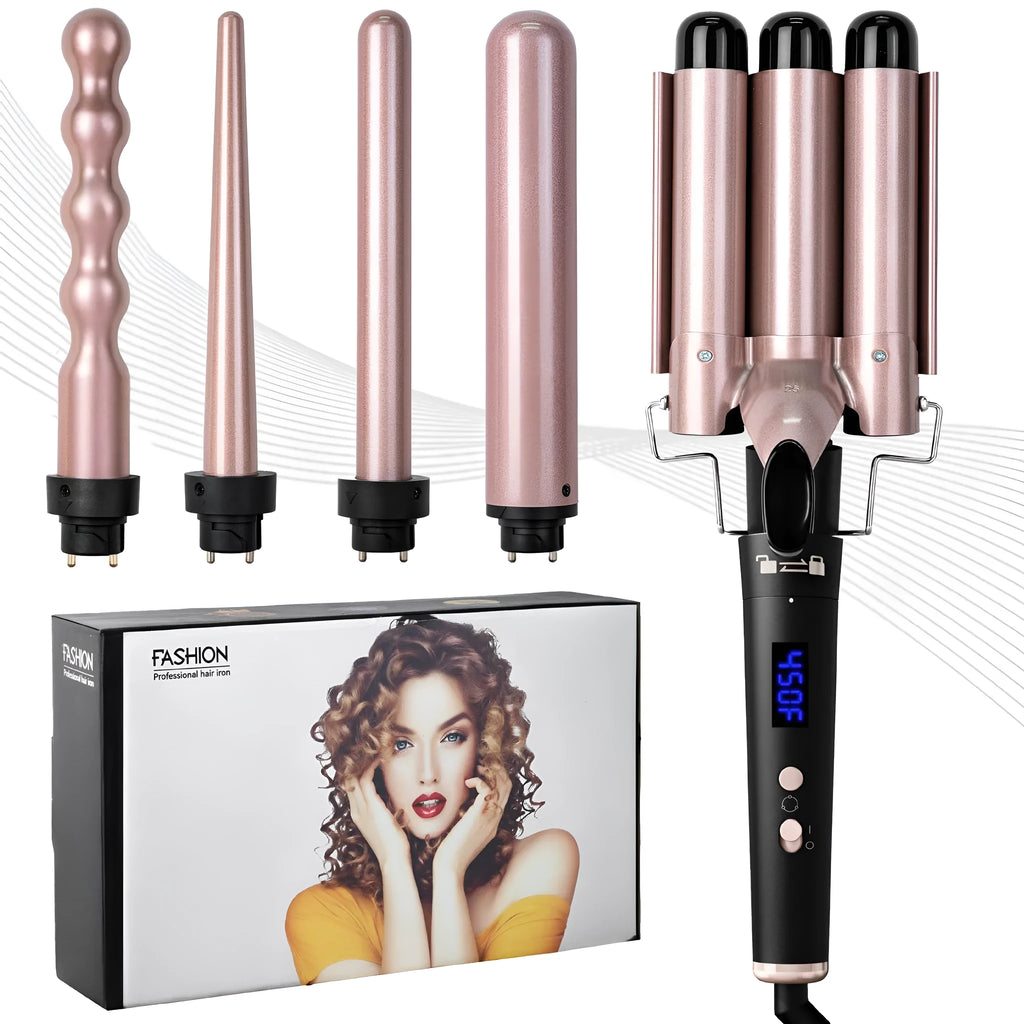 Rose gold five-barrel interchangeable hair curler with LCD screen and protective gloves