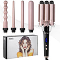 Rose gold five-barrel interchangeable hair curler with LCD screen and protective gloves