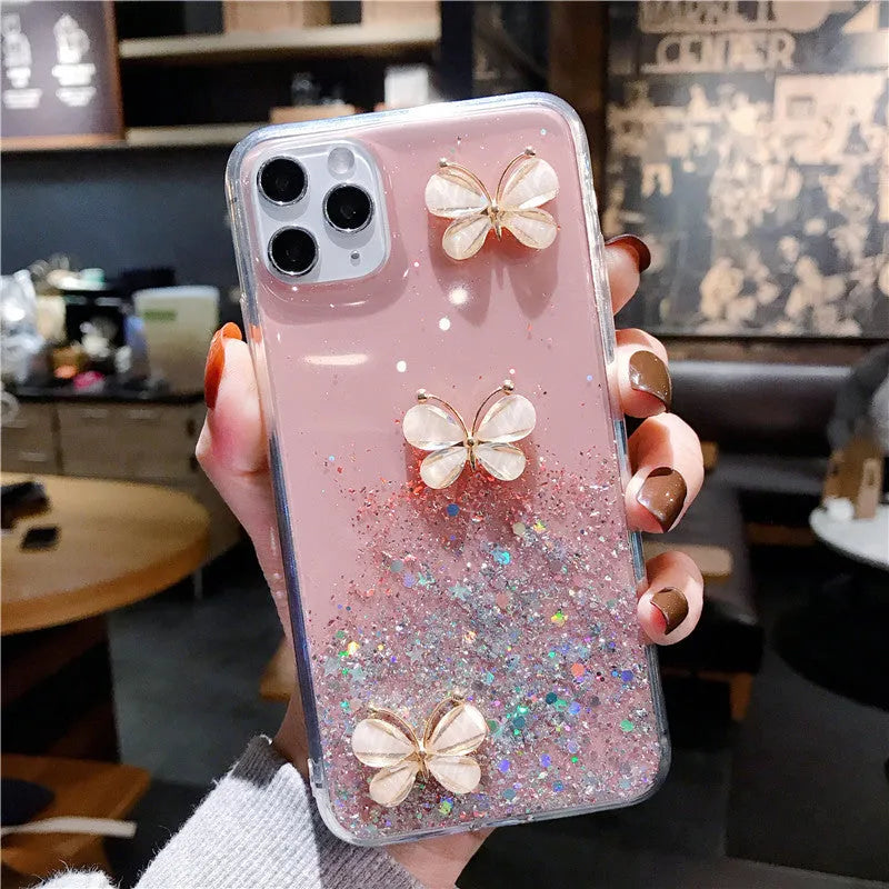 Butterfly glitter starry sky TPU phone case for iPhone with drop protection in transparent blue
