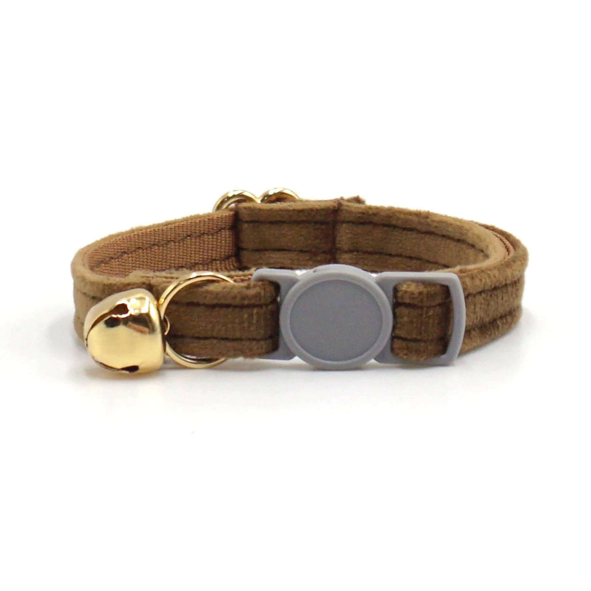Cloth safety buckle cat collar with bell in brown corduroy on a cat
