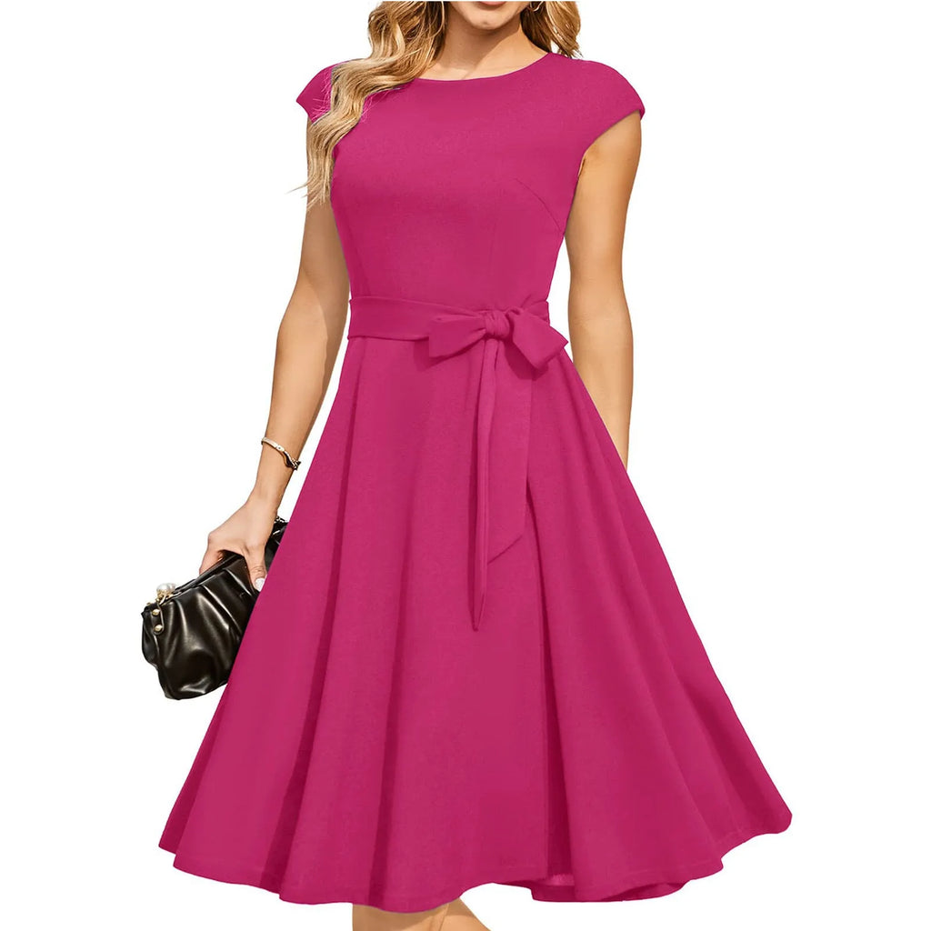 Sleeveless lace-up waist dress with oversized swing skirt in twisted silk fabric