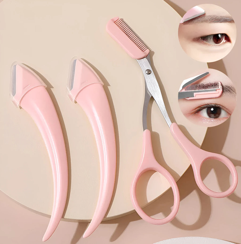 White and pink curved moon-shaped eyebrow trimming knife with a comb on a white background.