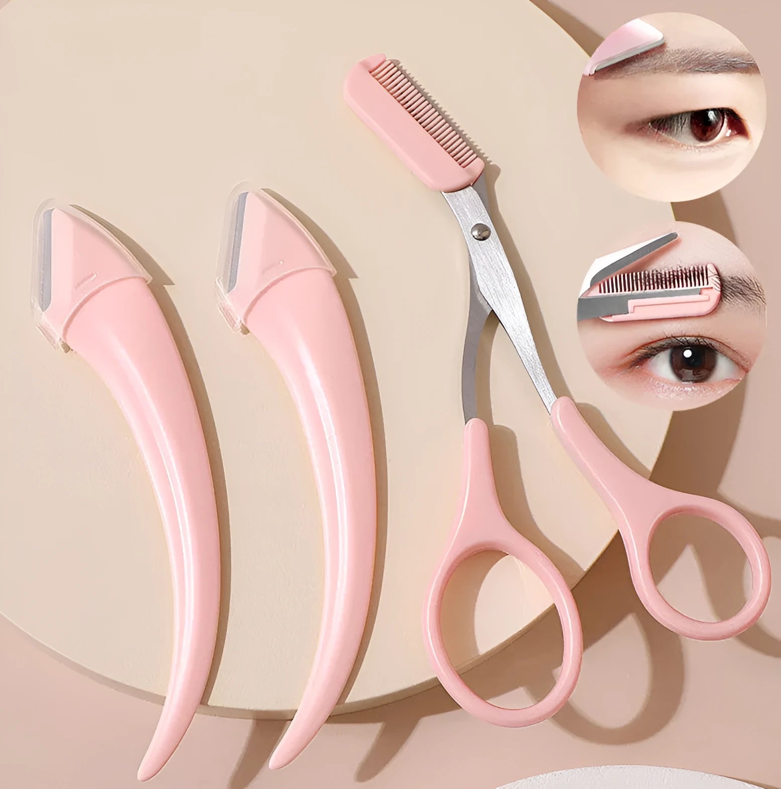 White and pink curved moon-shaped eyebrow trimming knife with a comb on a white background.