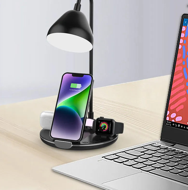 Black magnetic folding wireless charger with stand function showing folded and unfolded positions