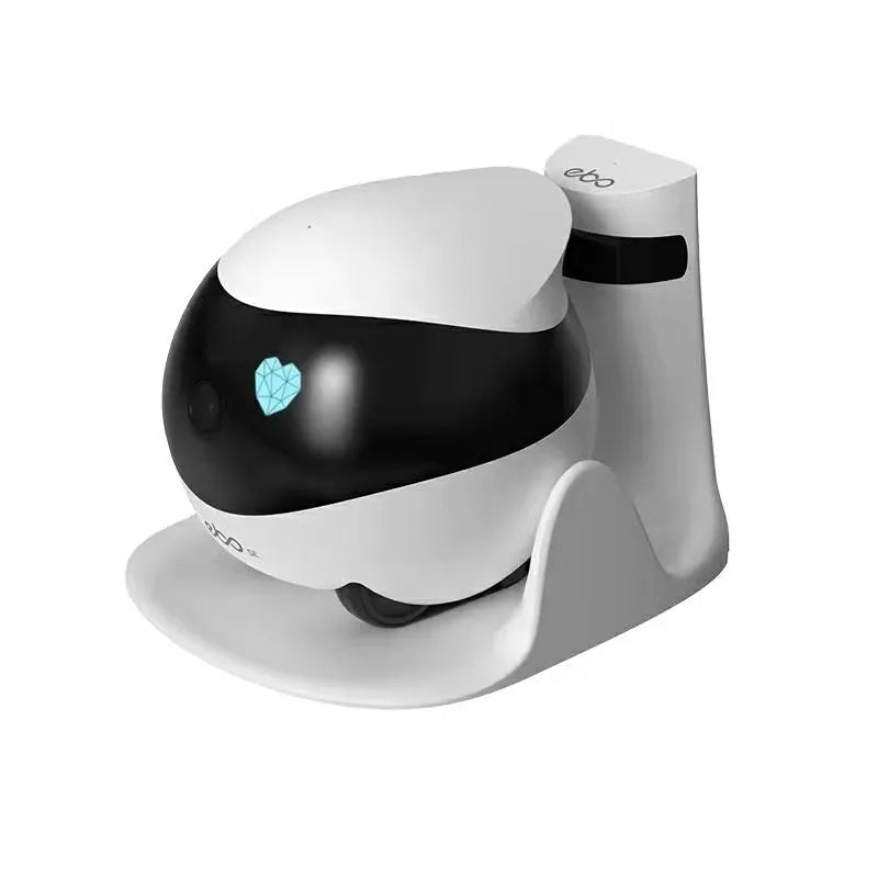 White smart home mobile surveillance robot camera with automatic charging dock
