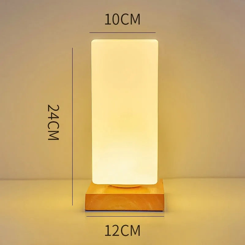 Nordic style solid wood USB table lamp in white geometric shape with touch dimming control