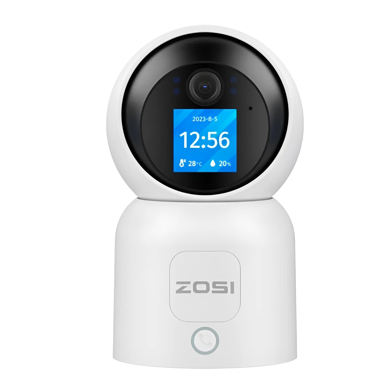 Zhou Shi white wireless indoor security camera with a large screen on the front and a screw-fixed mounting bracket.