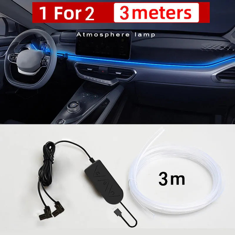 Car USB atmosphere light with RGB colours, ABS housing, fibre cable for centre console and instrument panel modification