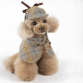 Camel coloured detective suit style cotton cloak for a dog or cat, showing the adjustable hat.