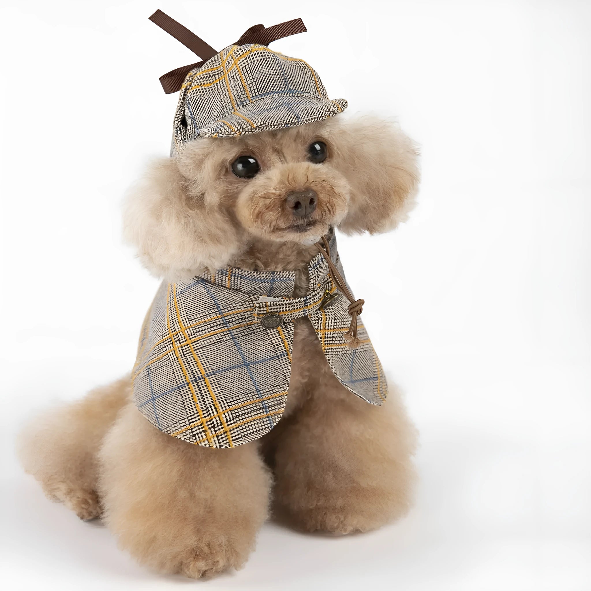 Camel coloured detective suit style cotton cloak for a dog or cat, showing the adjustable hat.