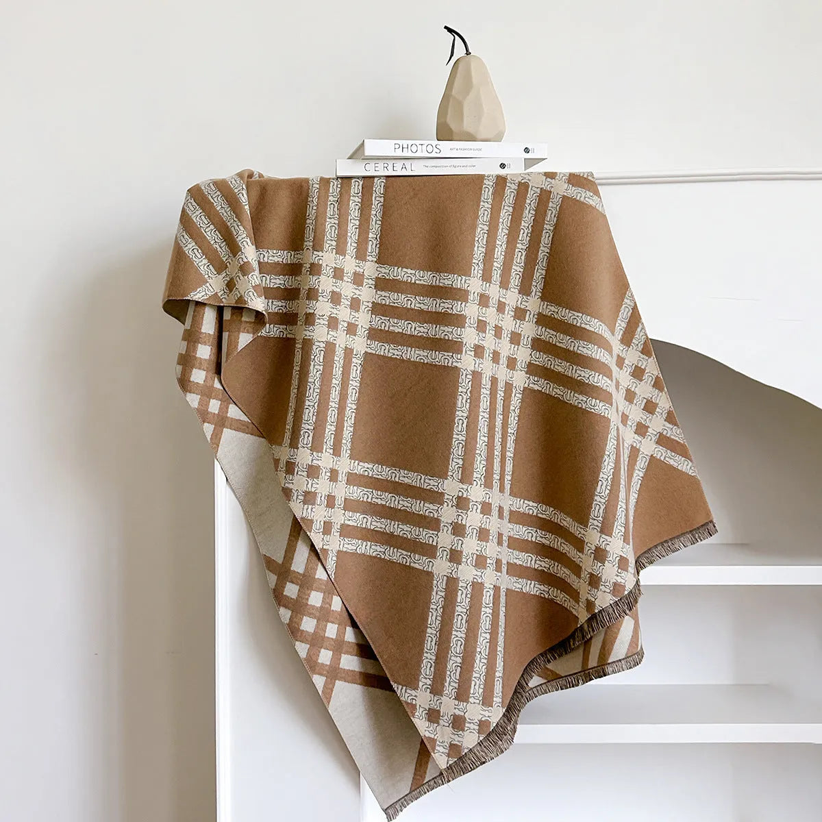 Imitation cashmere scarf in brown colour with tassels, measuring 185cm by 65cm