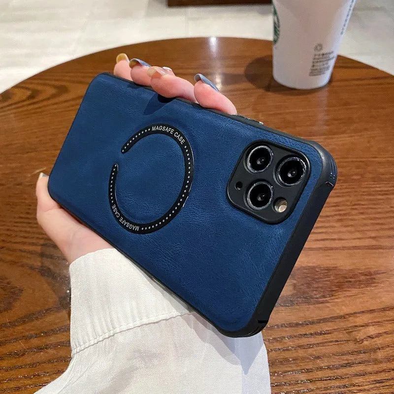 Business magnetic charging iPhone case in black imitation leather showing magnetic charging compatibility