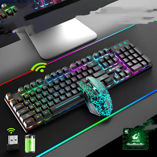 T3 wireless charging keyboard and mouse set with backlit keys and USB interface in black, white, or blue colour options