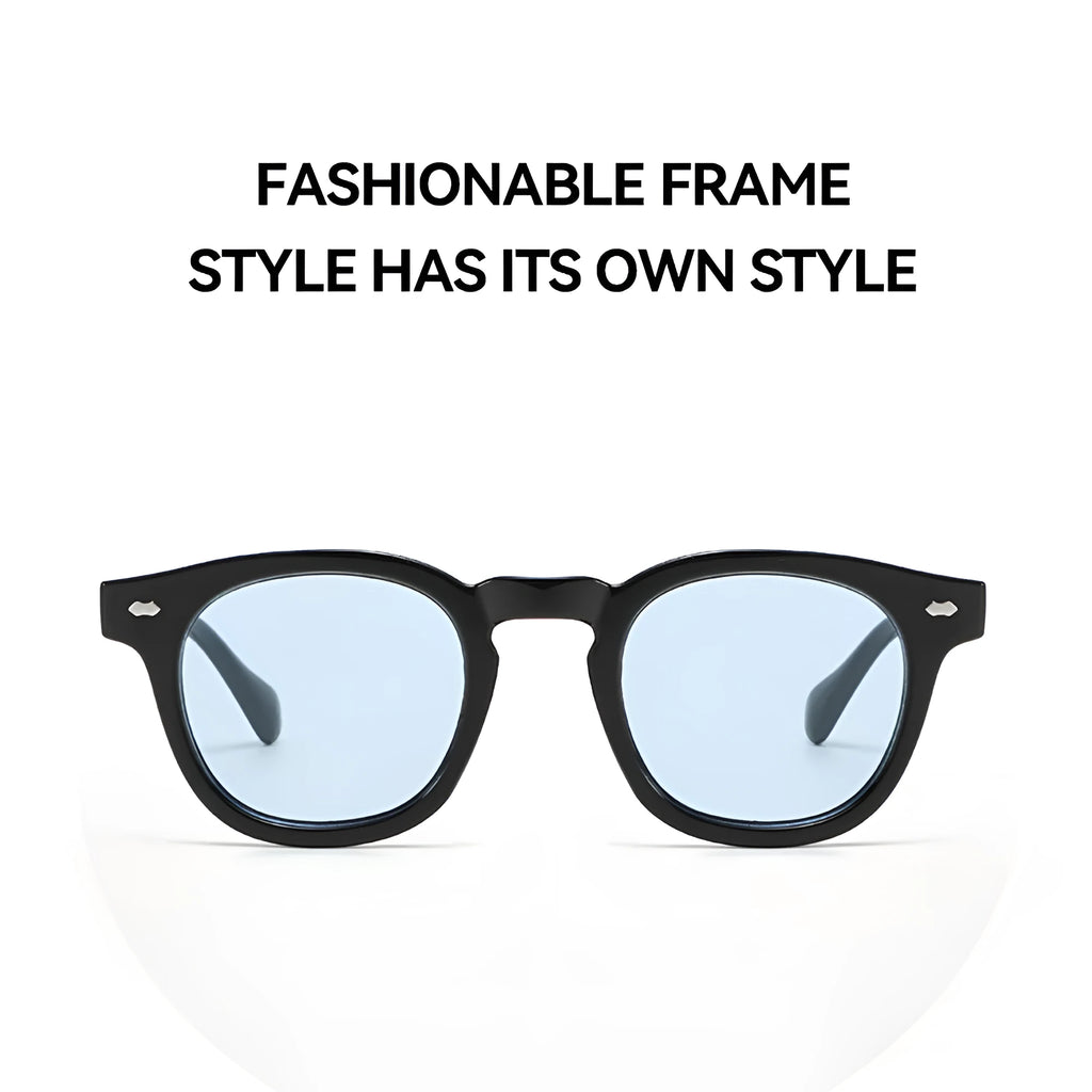 Simple round rim sunglasses with retro Hong Kong style in various colour combinations on a model.
