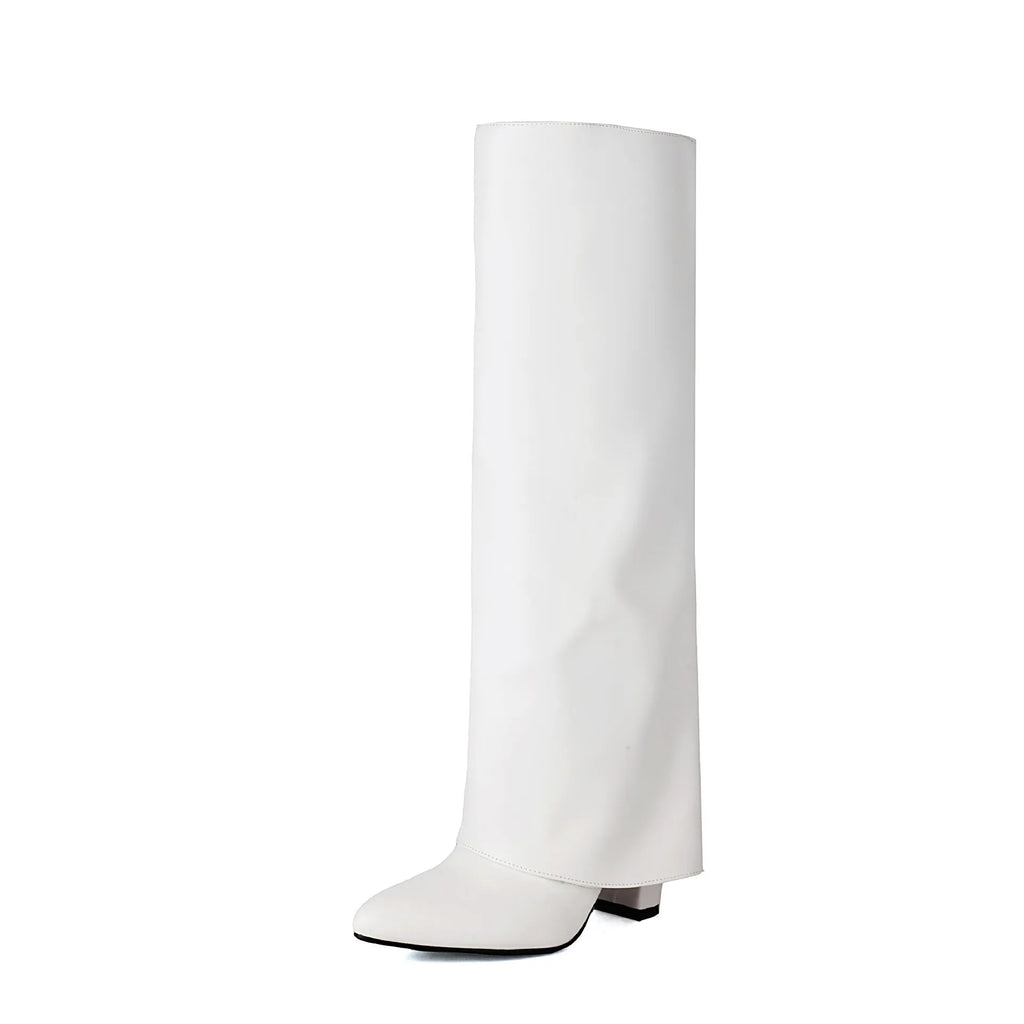 Women's plus size thick high heel boots in black synthetic PU with high cylinder sock length and sewing line detail