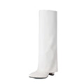 Women's plus size thick high heel boots in black synthetic PU with high cylinder sock length and sewing line detail