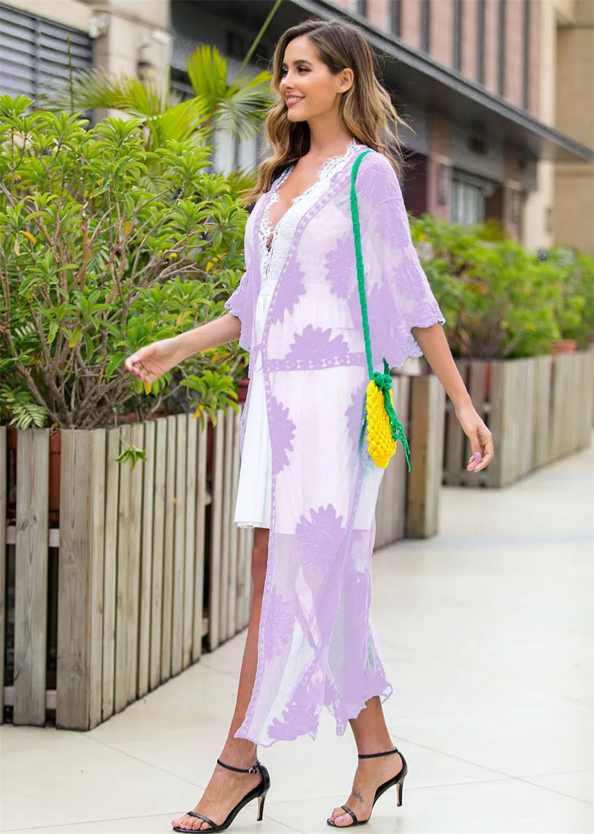 Light purple lace embroidery beach dress cardigan for swimming cover-up