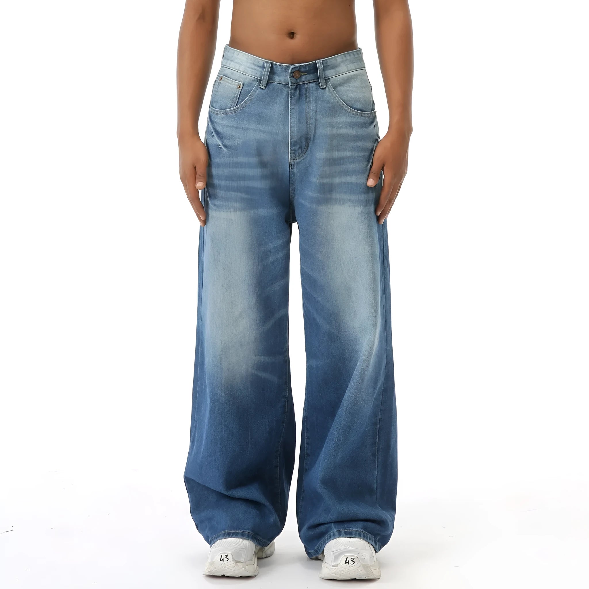 Men's retro washed light blue straight wide leg jeans with zipper fly, front view