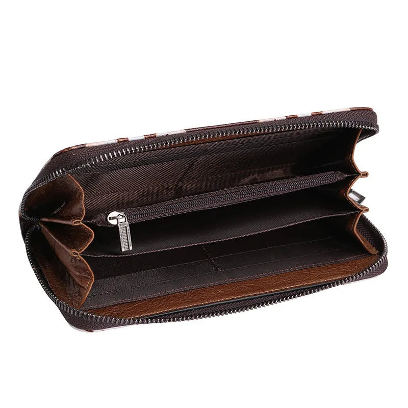 Brushed women's retro wallet in brown white top layer cowhide leather with floral embossed pattern and horizontal square shape