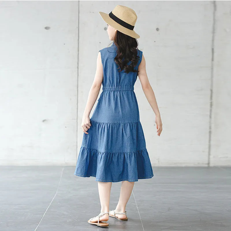 Blue denim blouse collar vest dress for girls with button front, cotton fabric, suitable for 120-170cm height