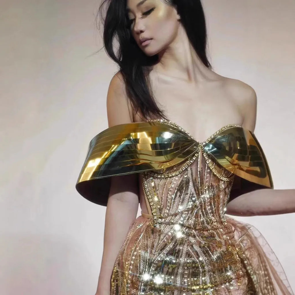 Gold strapless sequined split dress with long skirt and tube top design