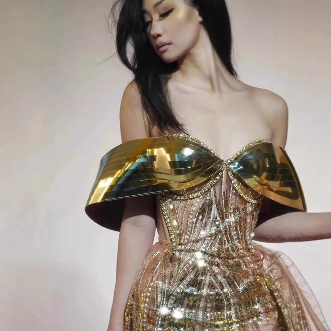 Gold strapless sequined split dress with long skirt and tube top design