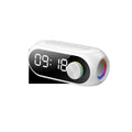 Compact USB-powered portable speaker with extra bass and digital clock display in black, white, or blue colour options.