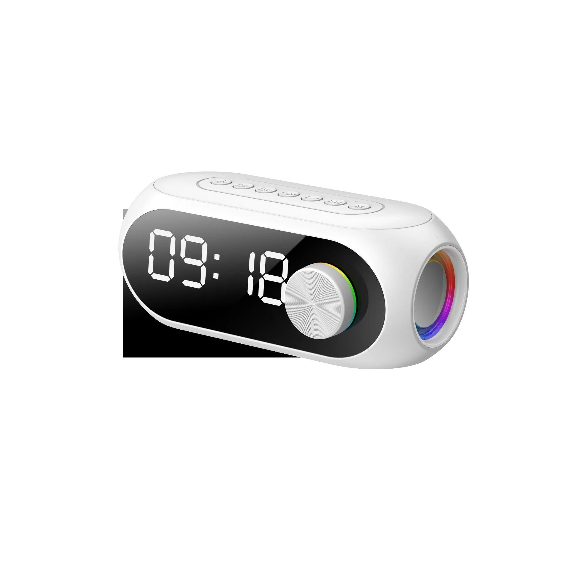 Compact USB-powered portable speaker with extra bass and digital clock display in black, white, or blue colour options.