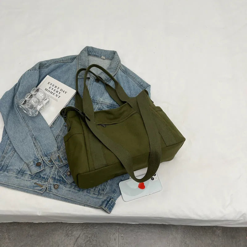 Large capacity polyester canvas shoulder tote bag in solid colour with phone compartment