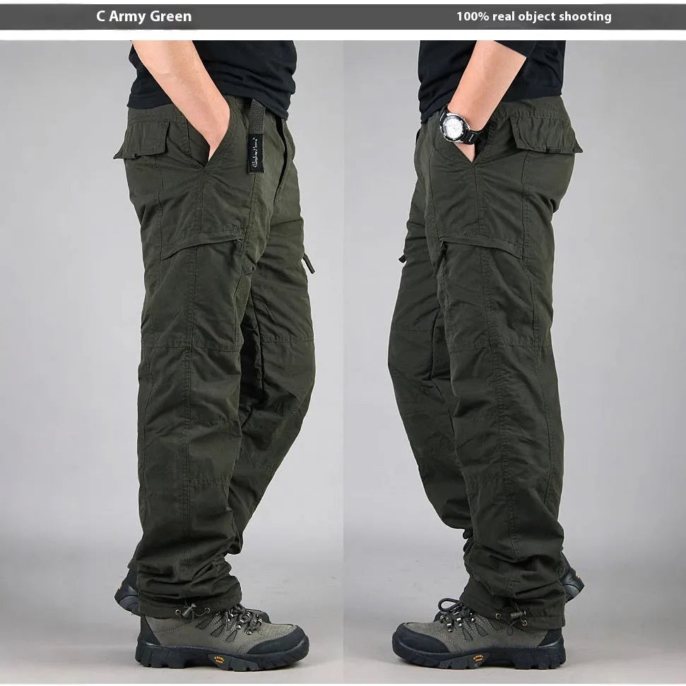Men's wool-lined cotton velvet overalls in khaki colour with straight leg loose fit