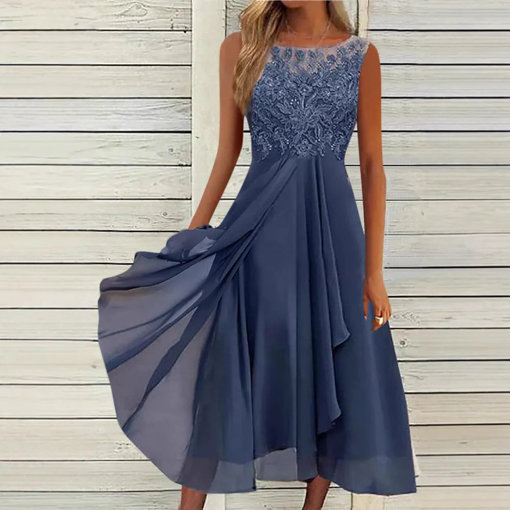 Women's sleeveless chiffon dress with lace hollow-out detailing in green, purple, or blue