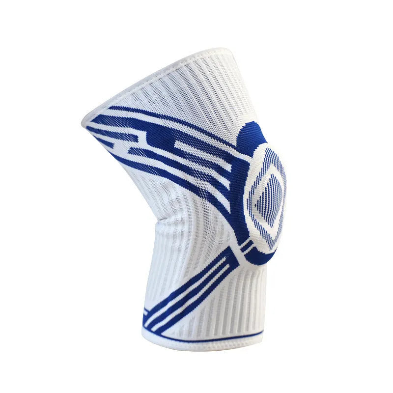 Blue, yellow, and grey high elasticity cotton knee pads for adult sports like basketball and running.