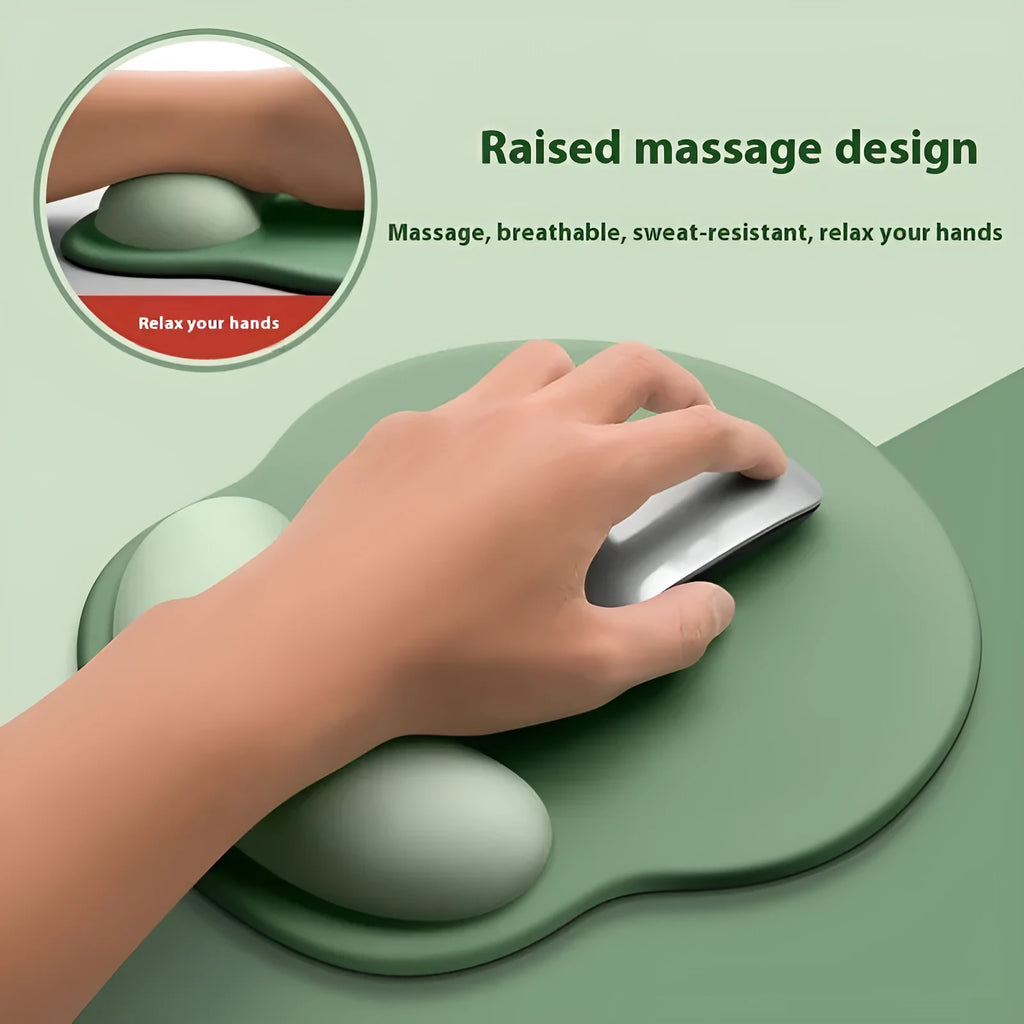 Silicone mouse mat with wristband in a gradient blue colour pattern on a desk.