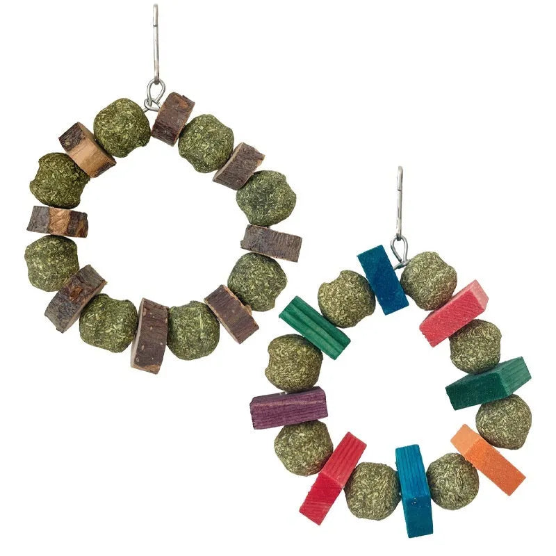 Hamster chew toy with applewood stick and decorative straw ball ring for small pets