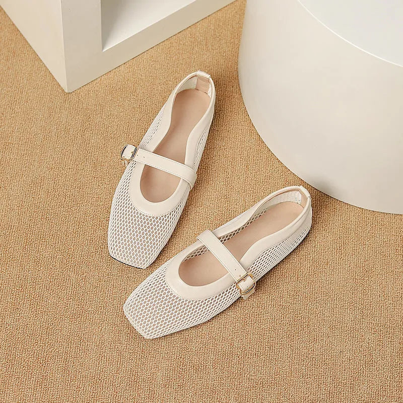 Women's breathable mesh low heel pumps with square toe and buckle fastening in various colours