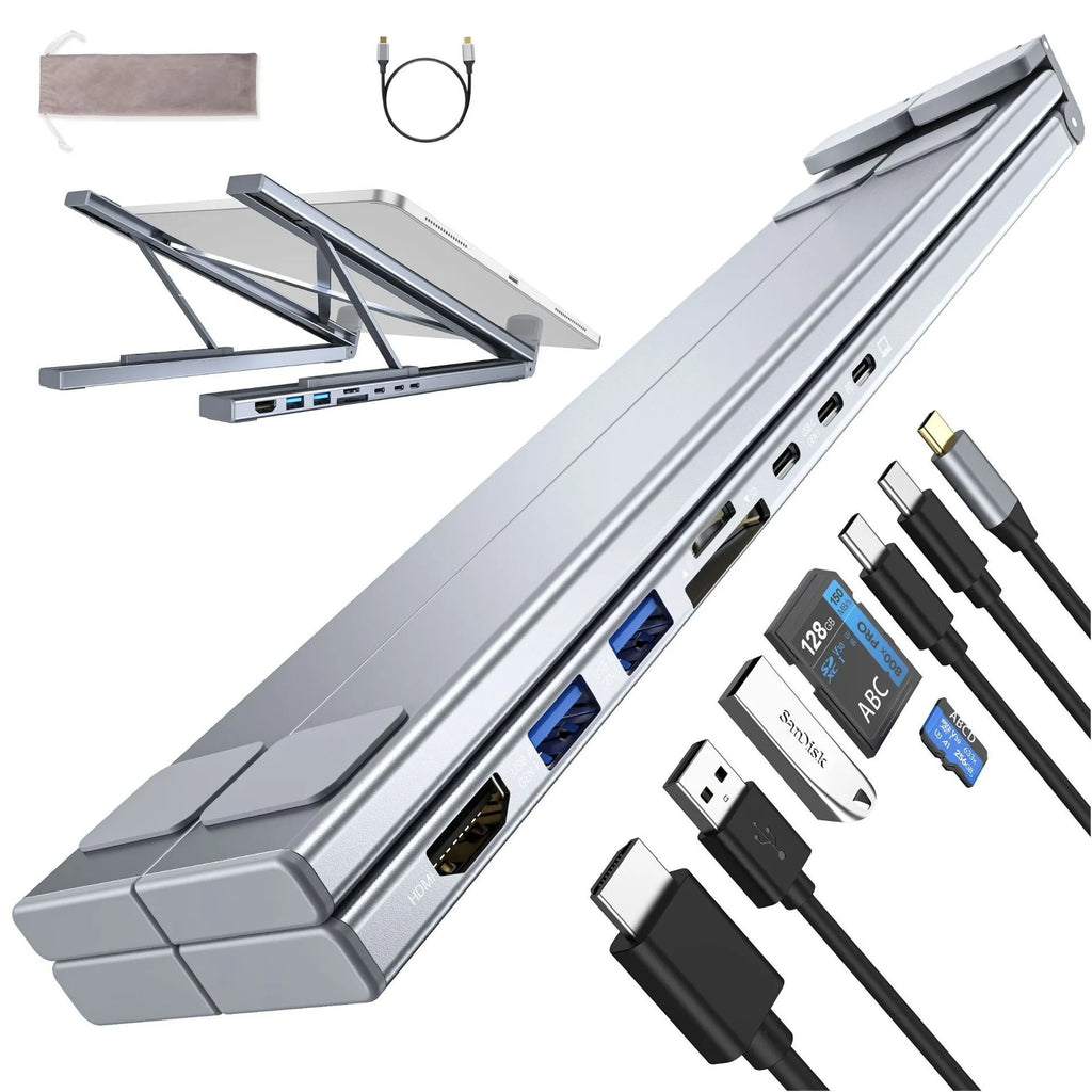 Silver aluminium folding laptop stand with integrated multi-port docking hub and HDMI port