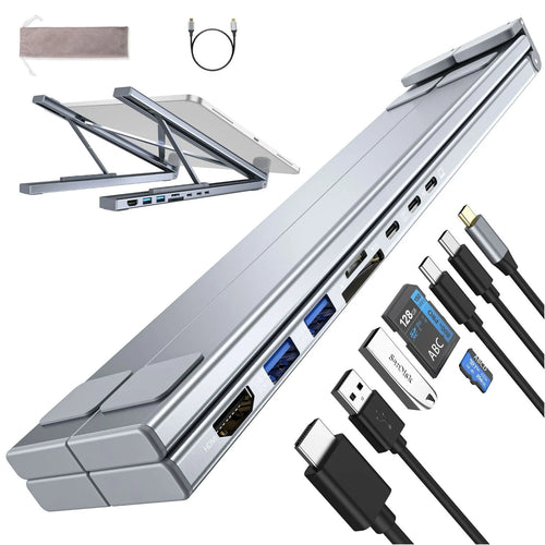 Silver aluminium folding laptop stand with integrated multi-port docking hub and HDMI port