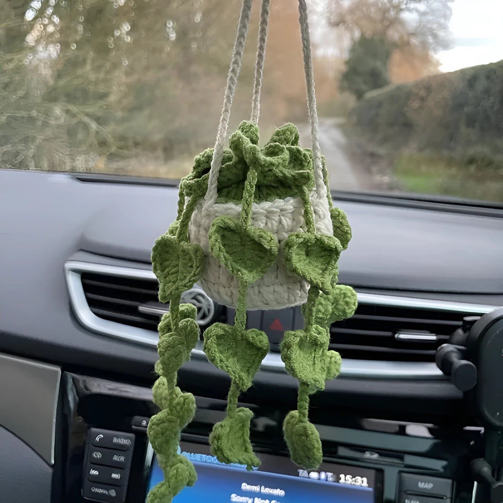 Green and white knitted wool car plant decoration hanging from a rope.