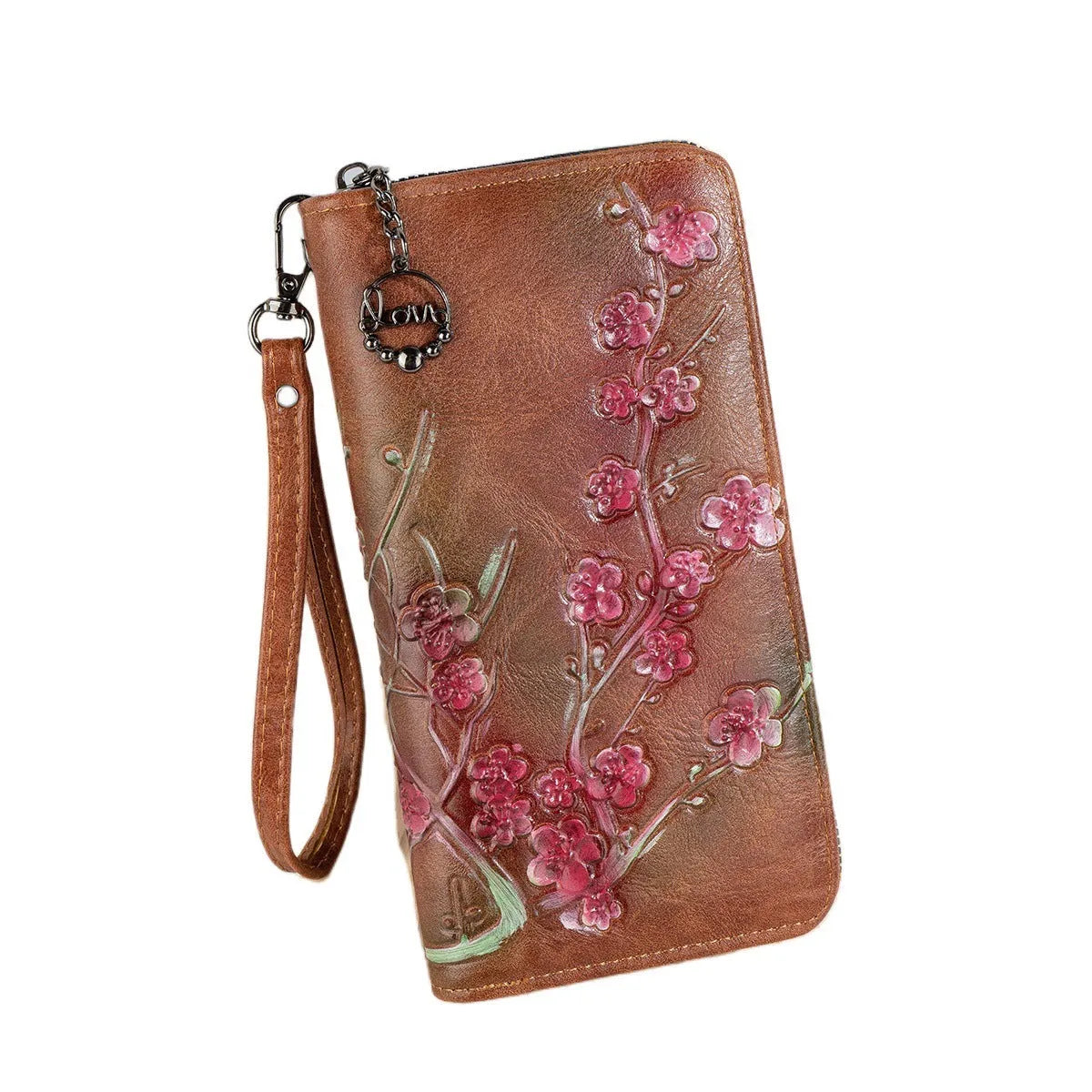 Chinese style floral embossed zipper handbag in black with hand-painted details