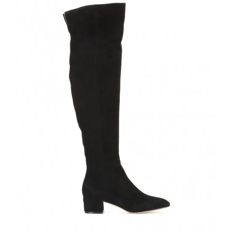 Grey women's flat over the knee suede boots with a pointed toe and low thick heel.