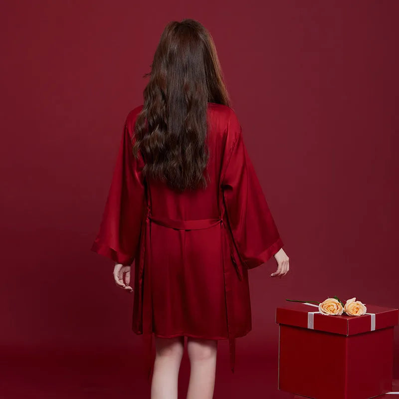 Red silk pyjama set for men and women with long sleeves